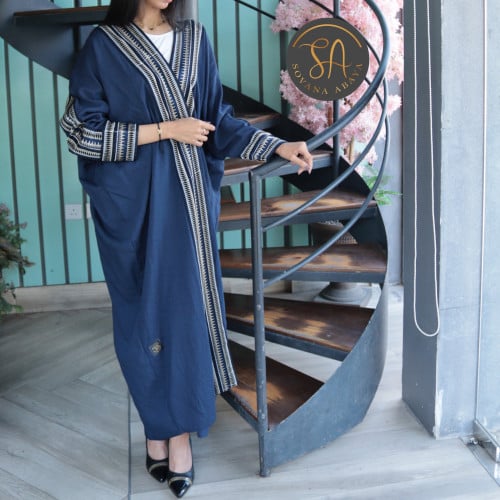 عبايه قماش لينن بحريني بموديل نصف مشلح فاخر وتطريز...