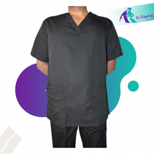 سكراب رجالي كامل فوق+تحت رصاصي غامق V العنق 2جيب ي...