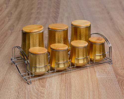 طقم علب بهارات 7 حبات بقاعدة فضية