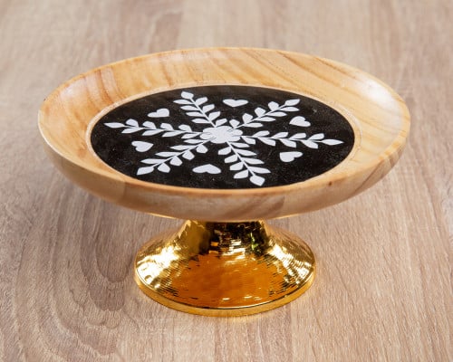 صحن تقديم خشبي بقاعدة ذهبيه بعدة مقاسات