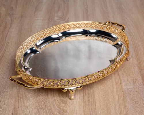 صينية ستيل باطراف ذهبية بعدة مقاسات