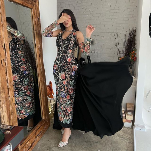 فستان قماش سهره رااقي مشجر مبطن + تفته لمعه ذيل