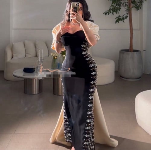 فستان ملكي فخم تطريز من الخصر مع فيونكه قطعتين