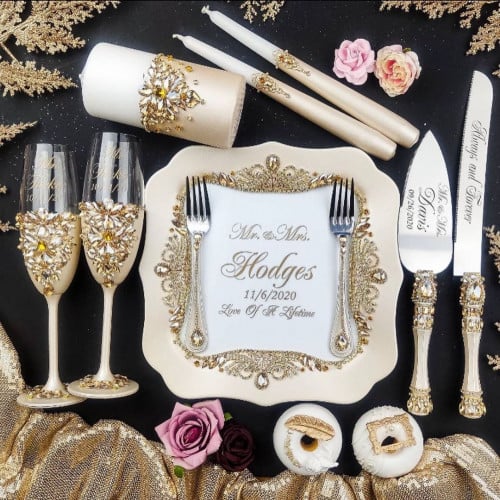 طقم عرسان مكون من 12 قطعة مرصع ب كريستال شوارفسكي...