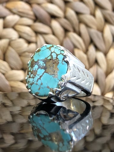 خاتم الفضة بحجر الفيروز الإيراني نشابوري أصلي صياغ...