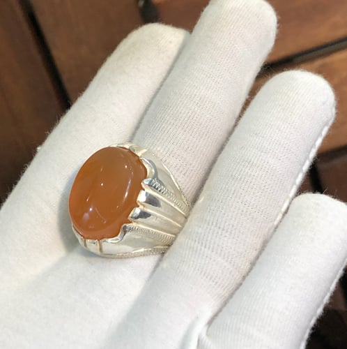 خاتم الفضة عقيق يمني برتقالي صياغة حجازية يدوية ثق...