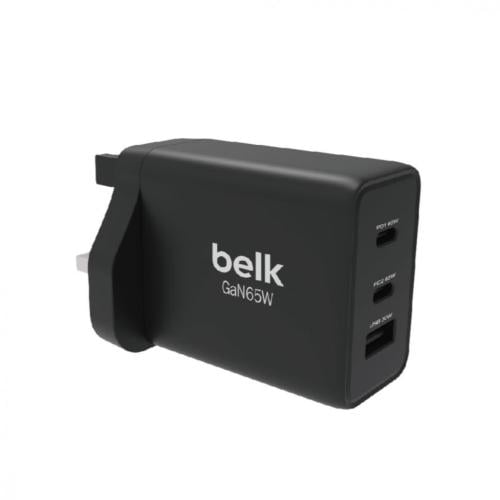 BELK- شاحن جداري بمنفذين TYPE-C ومنفذ USB بقوة 65...
