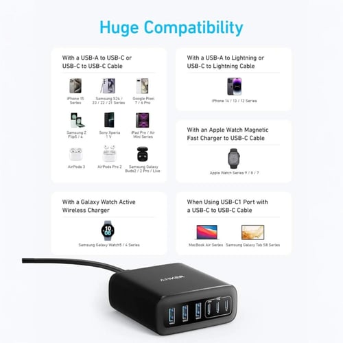 منصة شحن أنكر بـ 6 منافذ للشحن السريع – متعدد الأج...