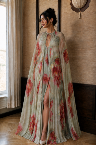 Floral Pleated Cape Maxi Dress