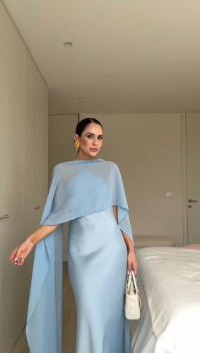 Sky Blue Satin Scarf Maxi Dress
