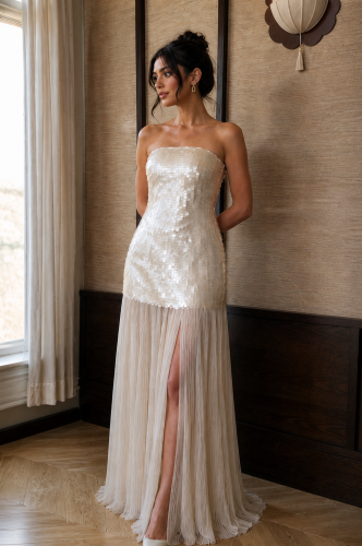Champagne Sequin Pleated Evening Gown