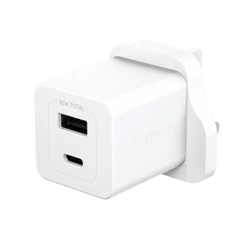 شاحن جداري امباور بانزر جلاس Turbo GaN بمنفذ USB-C ومنفذ USB بقوة 35 واط - أبيض