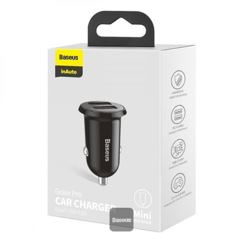 بيسوس شاحن سيارة Grain Pro (مزدوج USB 4.8A) اسود