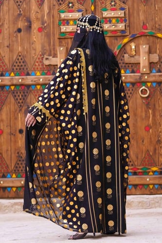 عباية يوم التأسيس مع تدخيلات قماش كحلي متزين بهوية...