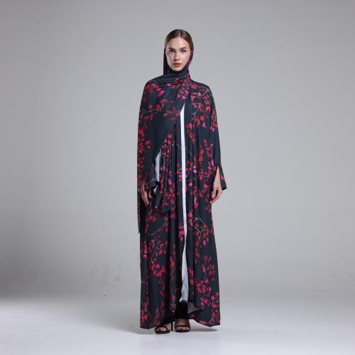 Crepe Abaya with Floral Print in Fuchsia