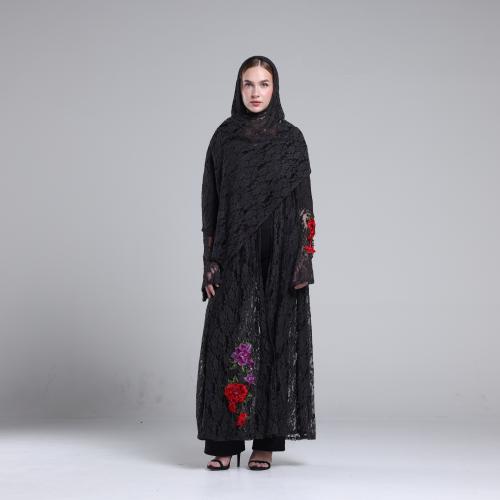 Dark Gray Lace Abaya with Red and Purple Floral Em...