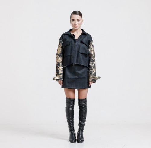 Dark Blue Denim Tie-Dye Jacket with Golden Sleeve