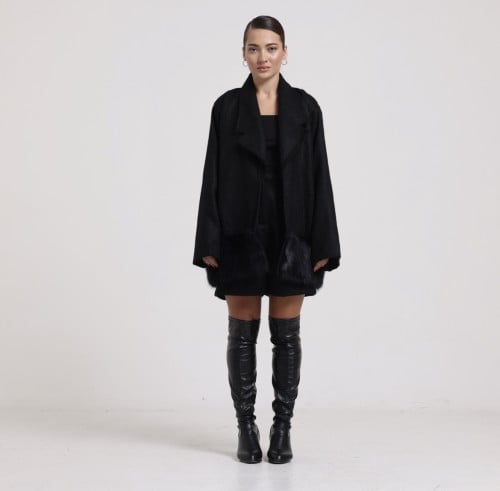 Black Wool Fur Trim Jacket & Short Set