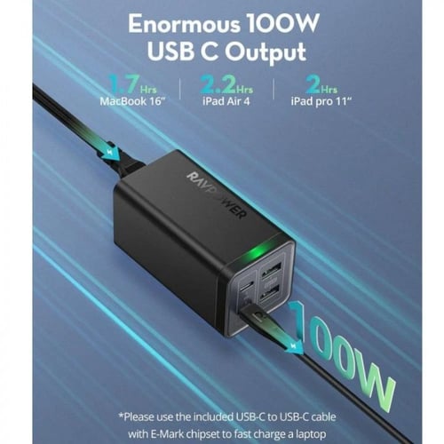 منصة شحن 4 مداخل 120 واط + كيبل تايب سي C راف باور