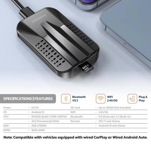 كاربلاي Wired اندرويد12 اسود 128جيجابايت Porodo