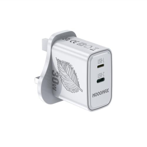 شاحن جداري w30 مدخلين PD+ايفون ابيض شحن عكسي MoogM...