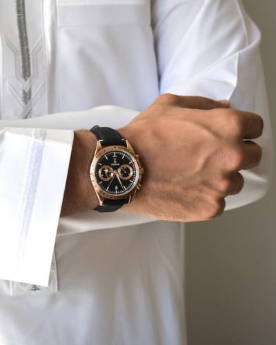 ساعة حمد من الجلد الصناعي بلون اسود GAL043M