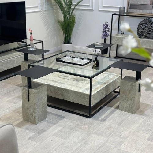 طقم طاولات 5 قطع بديل رخام سطح زجاج