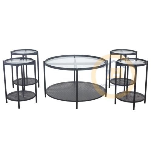 طاولة قهوه دائرية دورين سطح زجاج وقاعدة معدن قص لي...