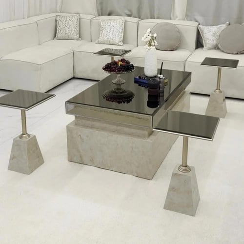 طقم طاولة ضيافة مع 4 طاولات خدمة – سطح بديل رخام ف...