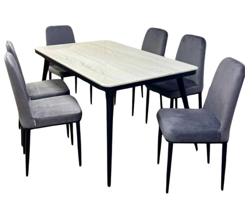 طاولة طعام سطح رخام مع 6 كراسي بقواعد حديد 4 الوان