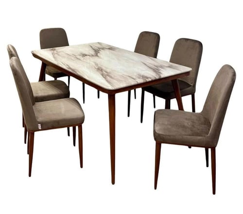 طاولة طعام سطح رخام مع 6 كراسي بقواعد حديد 4 الوان