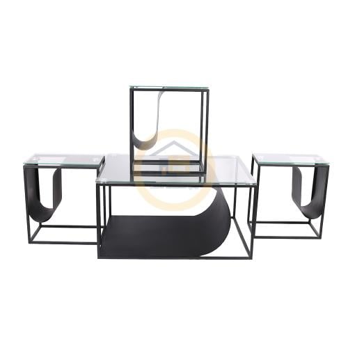 طاولة تقديم مع 4 طاولات خدمة لون اسود سطح زجاج شفا...