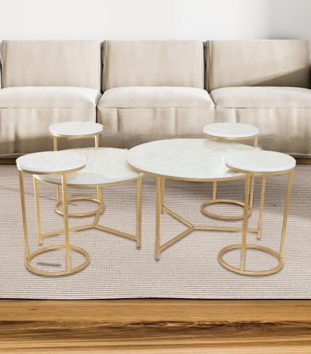 طقم طاولات دائرية 6 قطع رخامي خشب وقواعد ذهبي