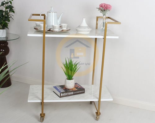 عربية تقديم لون ذهبي 2 دور سطح خشبي لون ابيض شبيه...