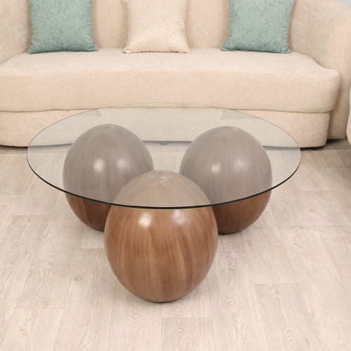 طاولة تقديم رخام صناعي لون بني بشكل كرة وسطح زجاج...