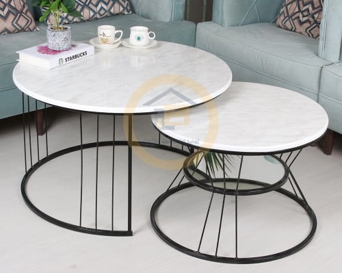 طقم طاولتين لون أسود سطح خشب وقاعدة حديد لون أسود