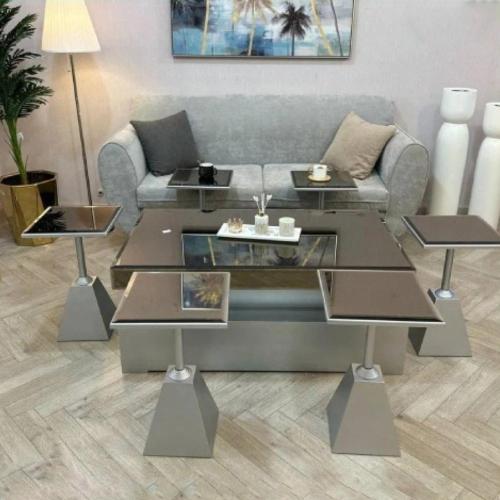 طقم طاولات ضيافة 7 قطع خشب فضي بسطح زجاج