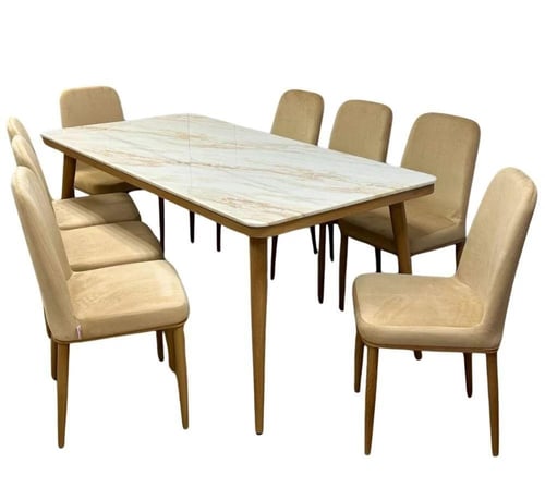 طاولة طعام سطح رخام مع 8 كراسي بقواعد حديد