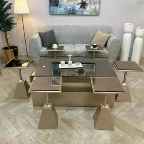 طقم طاولات ضيافة 7 قطع خشب مكس بسطح زجاج