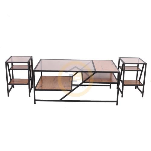 طاولة قهوه دورين قاعدة لون اسود سكح زجاج شفاف وخشب...