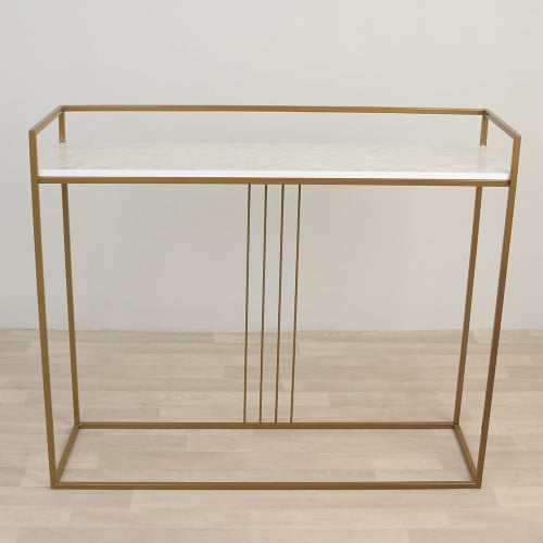 طاولة مدخل سطح خشب شبيه الرخام قاعدة حديد لون ذهبي...