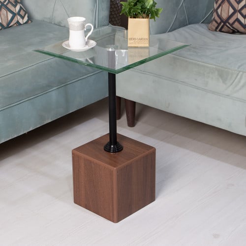 طاولة خدمة خشبية لون بني سطح زجاج شفاف