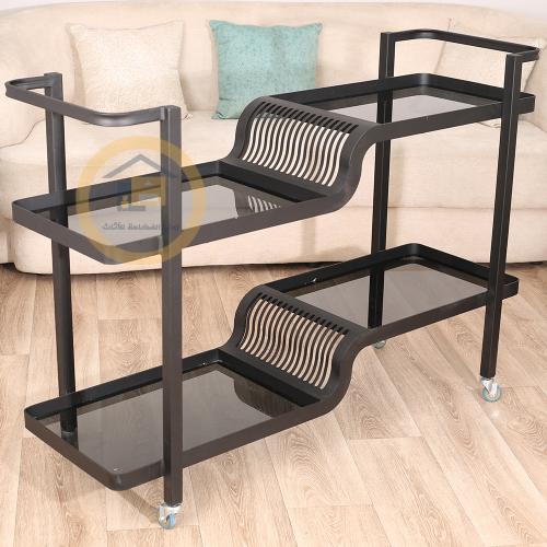 عربة تقديم قص ليزر لون اسود مطفي سطح زجاج اسود شفا...