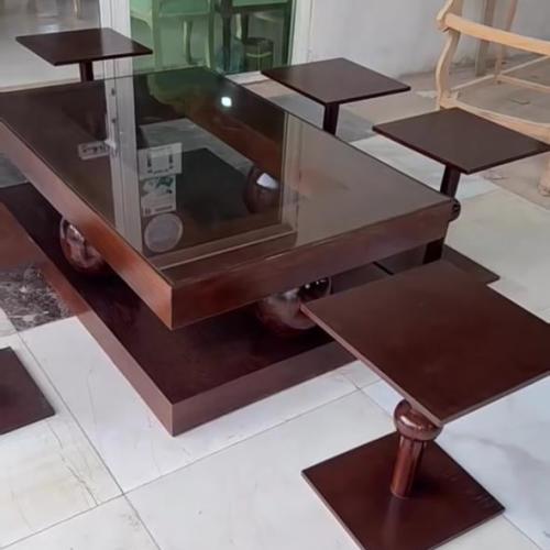 طقم طاولات 1+6 خشب لون بني زجاج بني شفاف