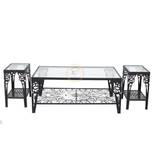 طقم طاولة قهوة ليزر دورين لون اسود مطفي سطح زجاج ش...