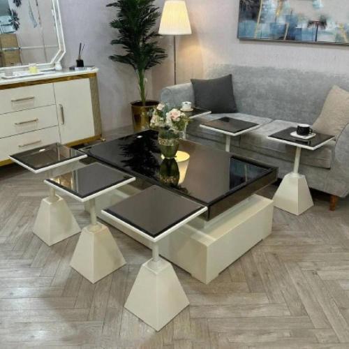 طقم طاولات ضيافة 7 قطع خشب بيج وسطح زجاج