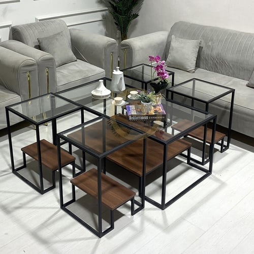 طقم طاولات دورين خشب زجاج