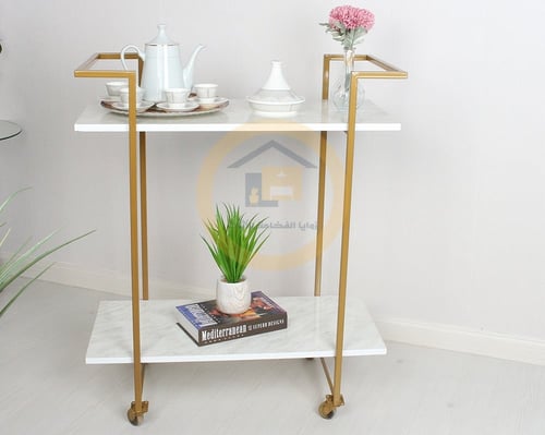 عربية تقديم لون ذهبي 2 دور سطح خشبي لون ابيض شبيه...