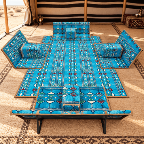 Travel seating, seating set with cushions, sky blue