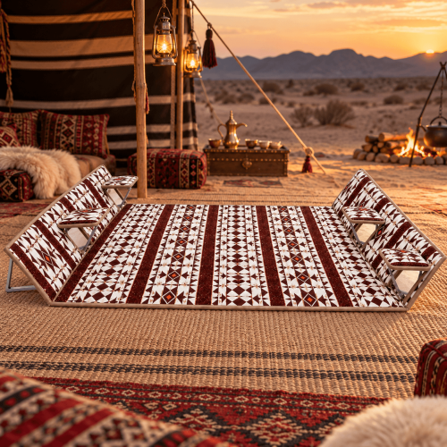 Connected seating set, with backrest, and foldable cushion, Hijazi